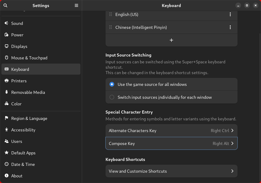 GNOME keyboard settings