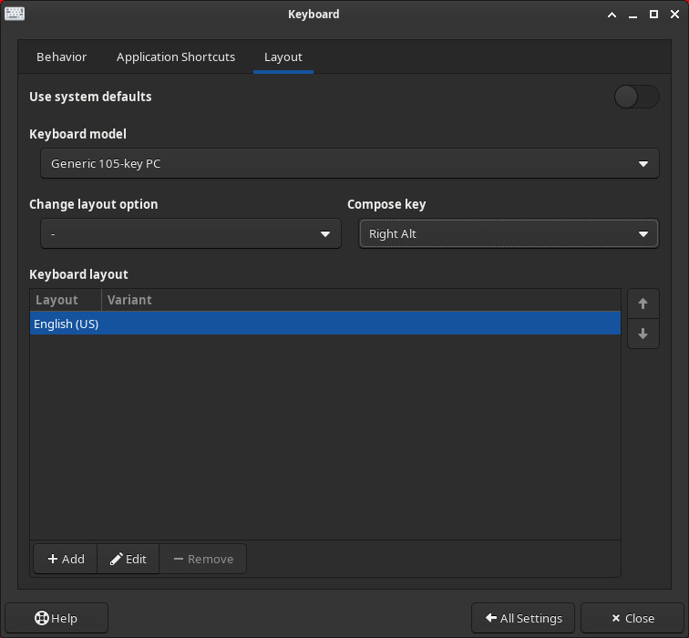 Xfce keyboard layout settings menu