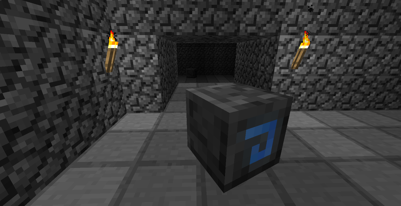 A cube shaped Sentry in the blocky cobblestone halls of the dungeon.