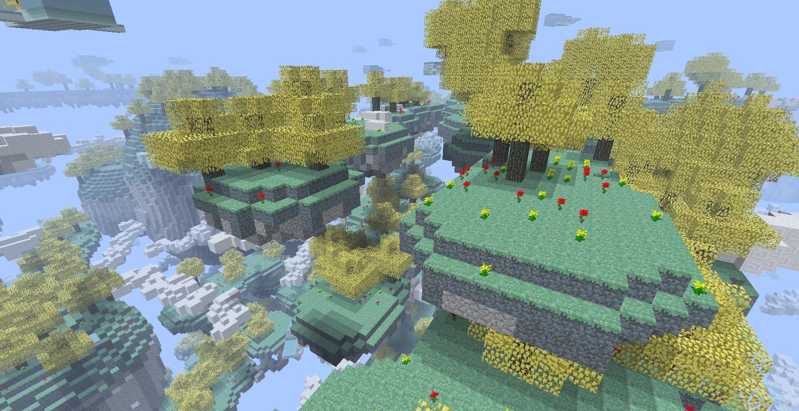 Many small floating islands with golden trees scattered throughout.