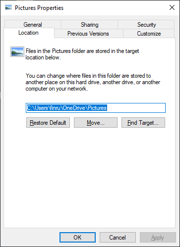 Properties menu of the Pictures folder reveals that the path is in the OneDrive folder