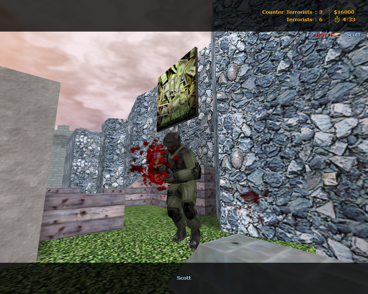 A bot player is killed in front of the propaganda poster