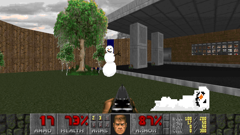 Snowmen outside a gas station